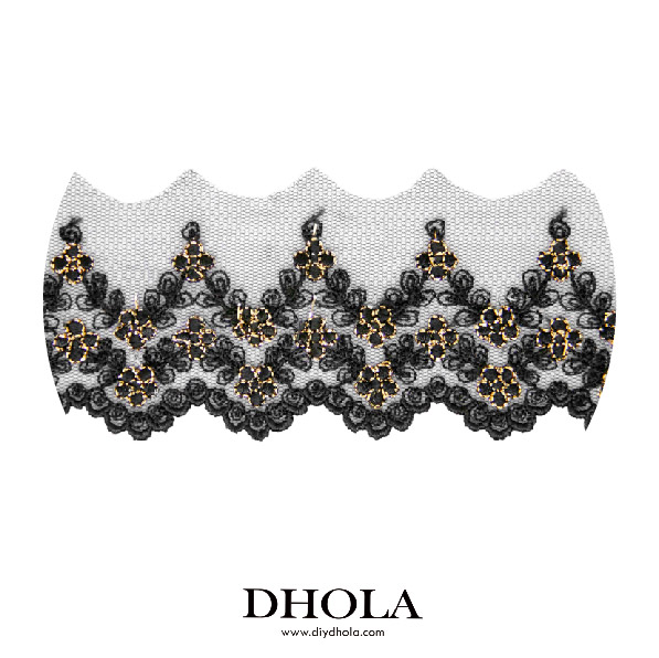 三排花連藤蔓葉網狀蕾絲