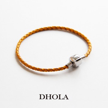 真皮手環19CM-不鏽鋼固定扣四股真皮繩-黃