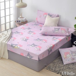 [超值組合]義大利La Belle《Sanrio-My Melody & KUROMI白粉天使》海島針織床包枕套組+大容量洗衣袋1入