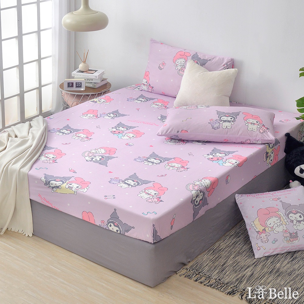 [超值組合]義大利La Belle《Sanrio-My Melody & KUROMI白粉天使》海島針織床包枕套組+大容量洗衣袋1入