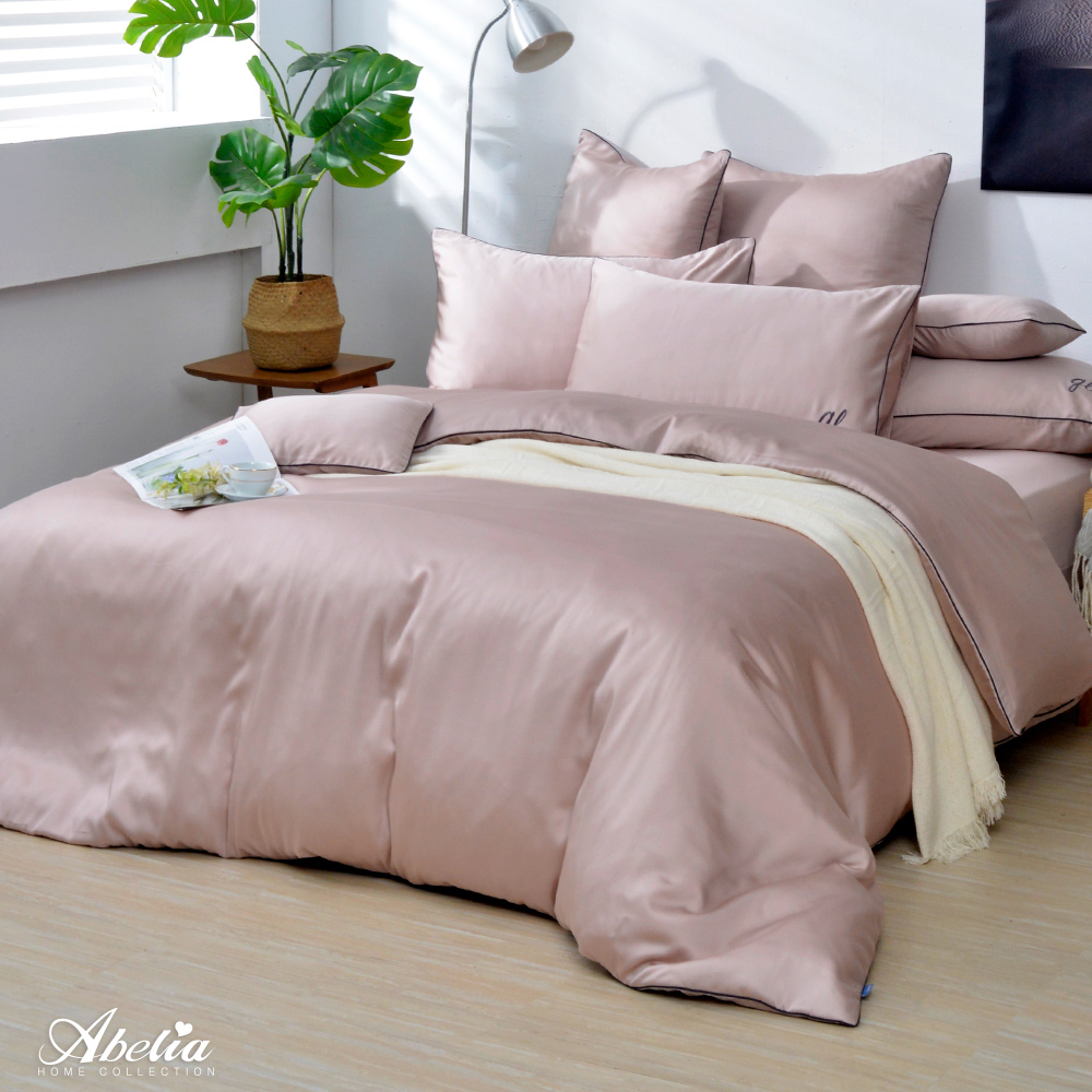 英國Abelia《唯蕾時光》天絲刺繡滾邊四件式防蹣抗菌吸濕排汗兩用被床包組-粉色