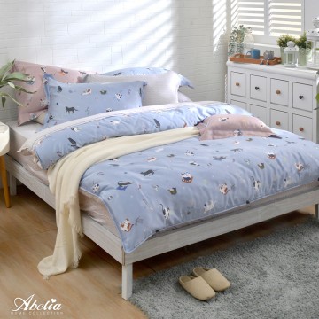 英國Abelia《喵喵時光》天絲木漿四件式兩用被床包組(共兩色)-藍色