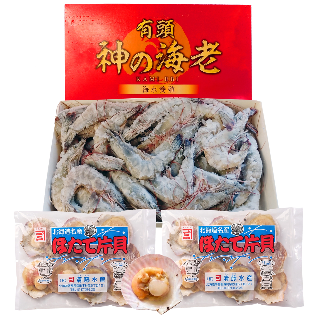 【天馳】神之海老帶頭白蝦20/30-1KG-1盒+北海道半殼扇貝500g-2包